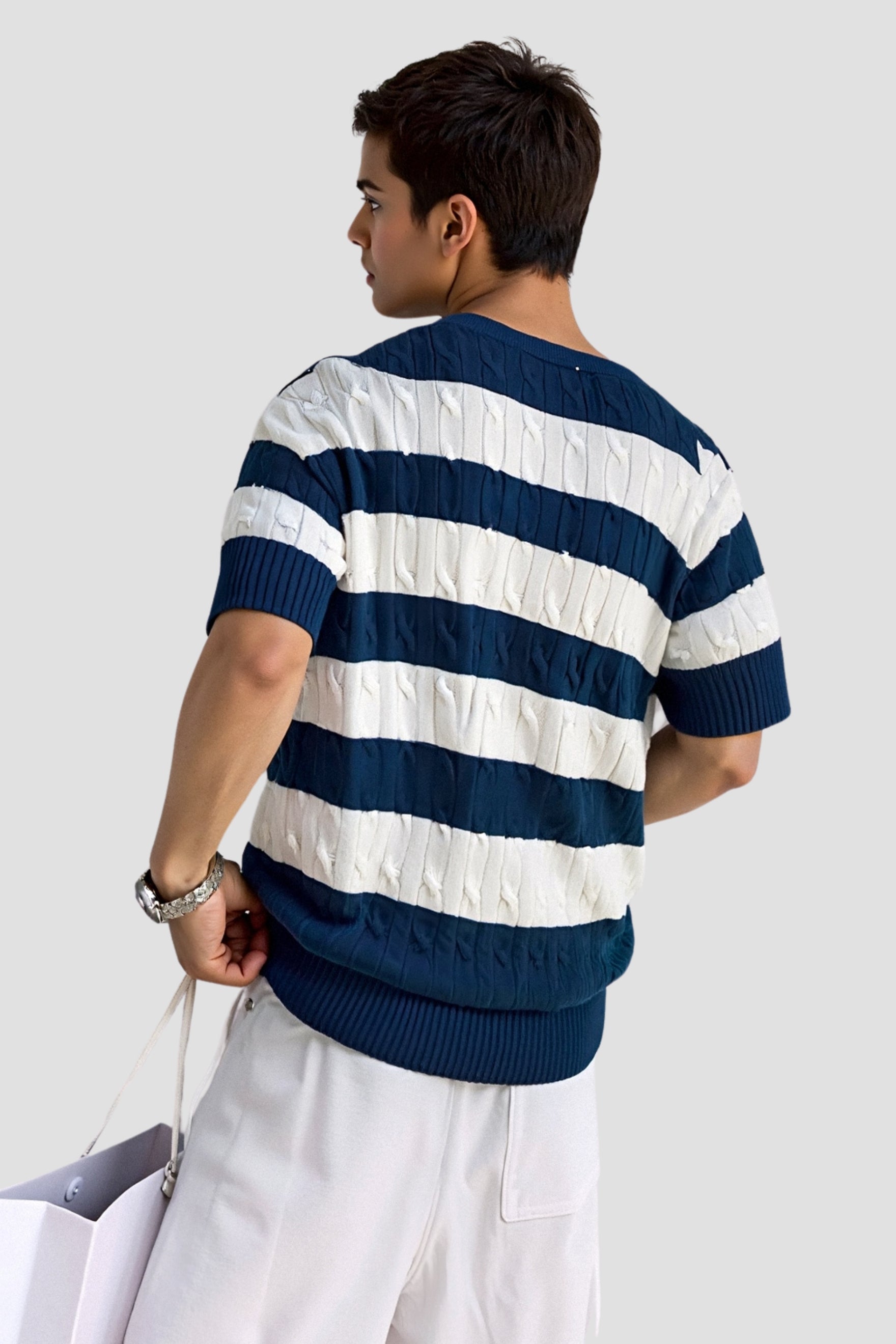 Crew Neck Cable Knit Strifens T-shirt