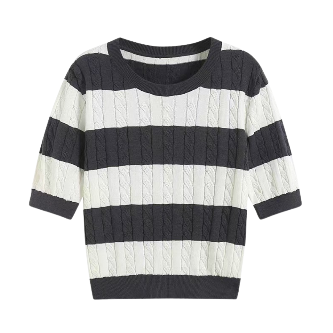 Crew Neck Cable Knit Strifens T-shirt