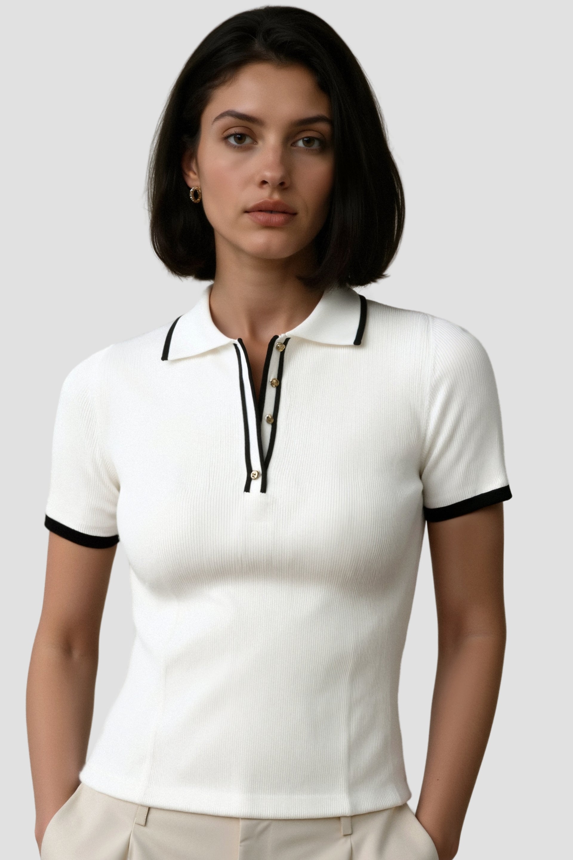 Polo boutonné à bordure élégante contrastée 