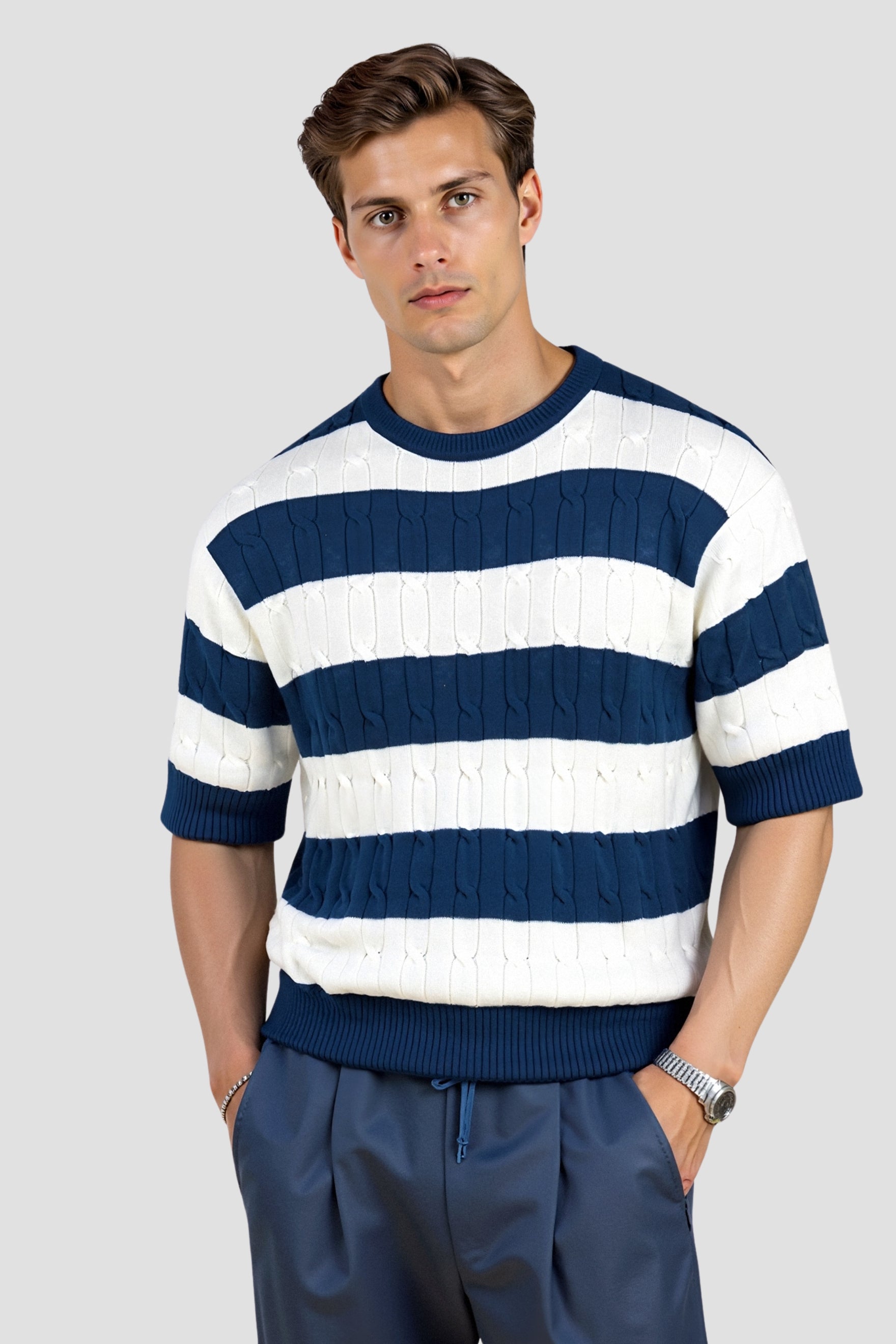 Crew Neck Cable Knit Strifens T-shirt