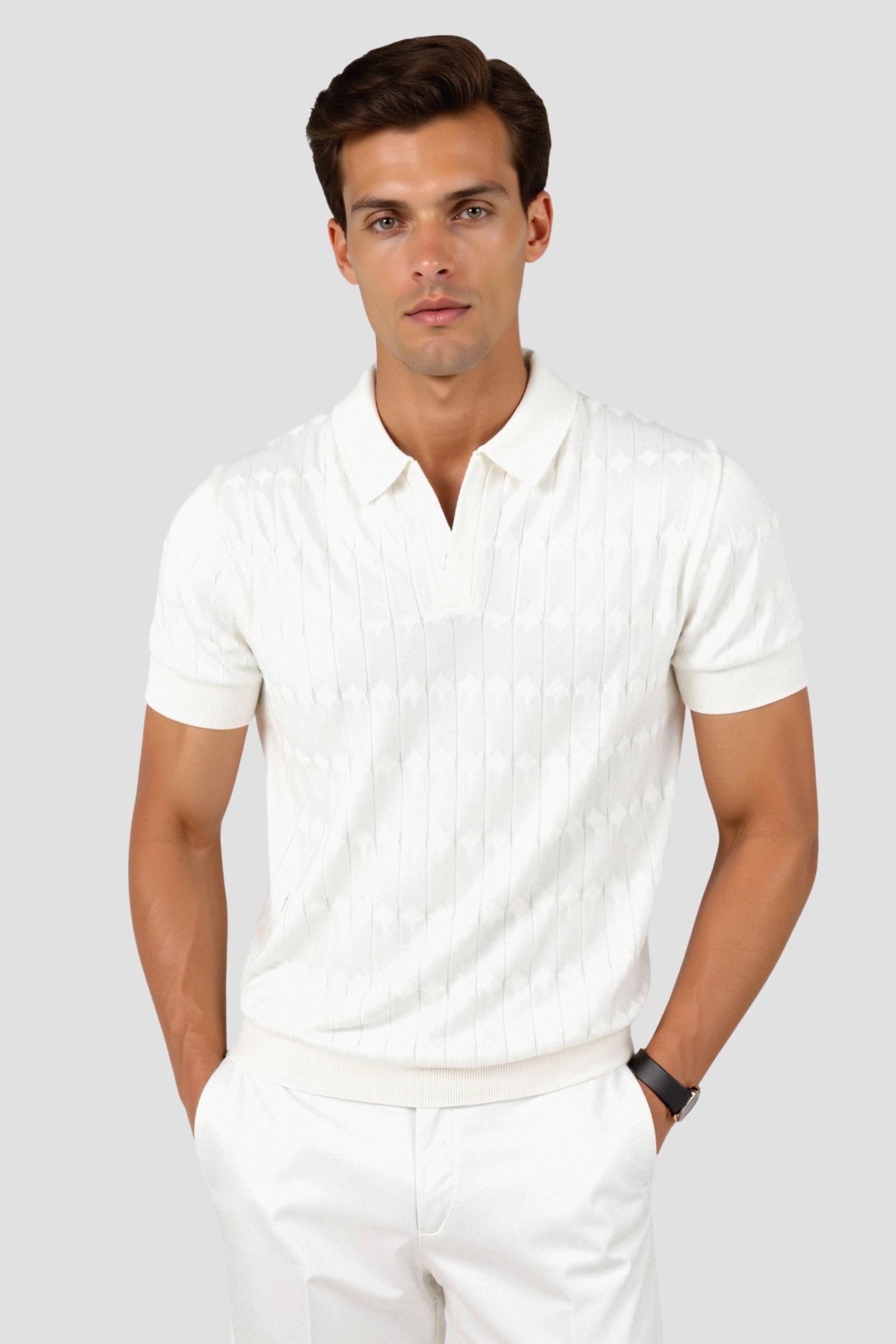 Polo en maille torsadée à col en V de qualité supérieure