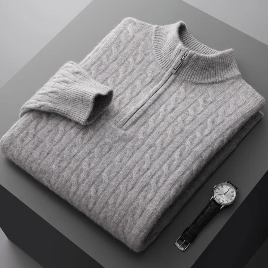 Herren-Kaschmirpullover-Grau-mit-Halbreißverschluss-Design-zeitlose-Eleganz-verleiht-raffinierten-Charme