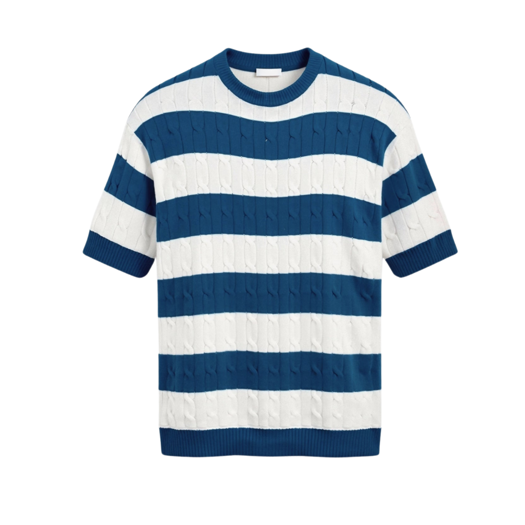 Crew Neck Cable Knit Strifens T-shirt