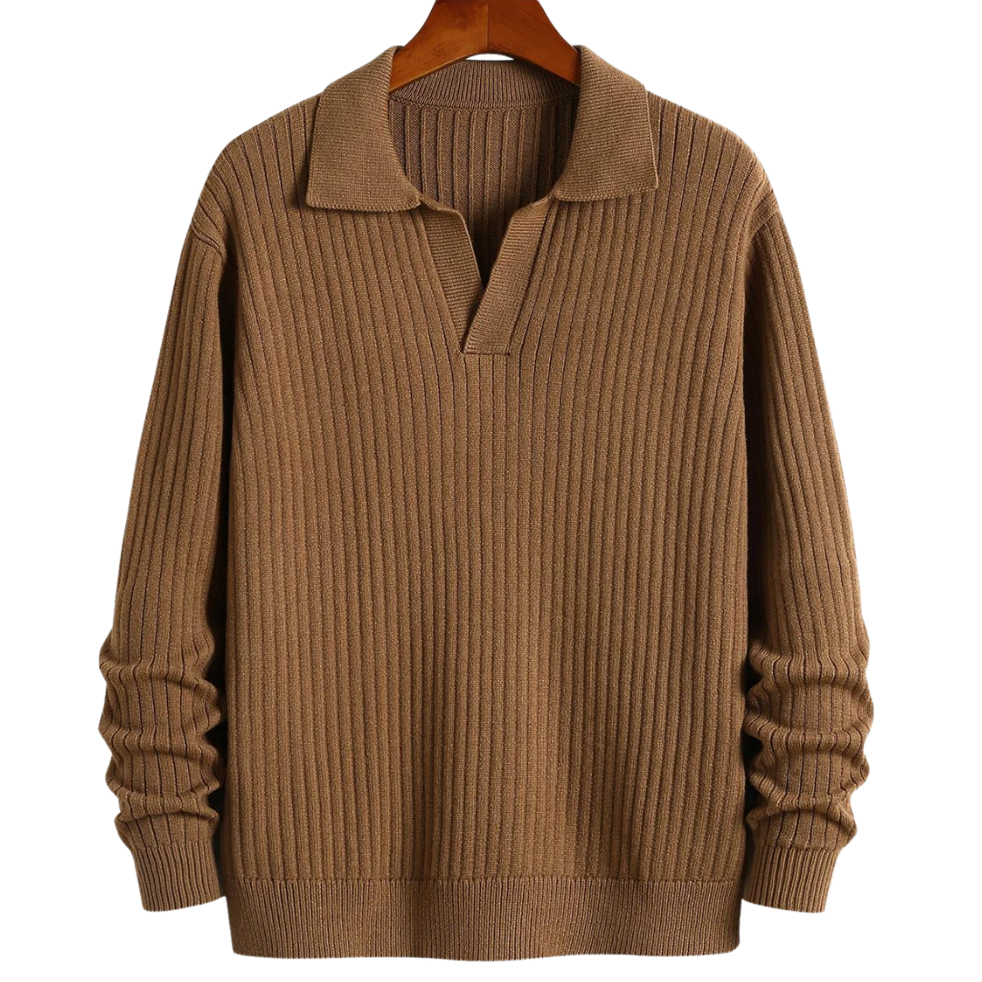 Pull polo côtelé à col en V 