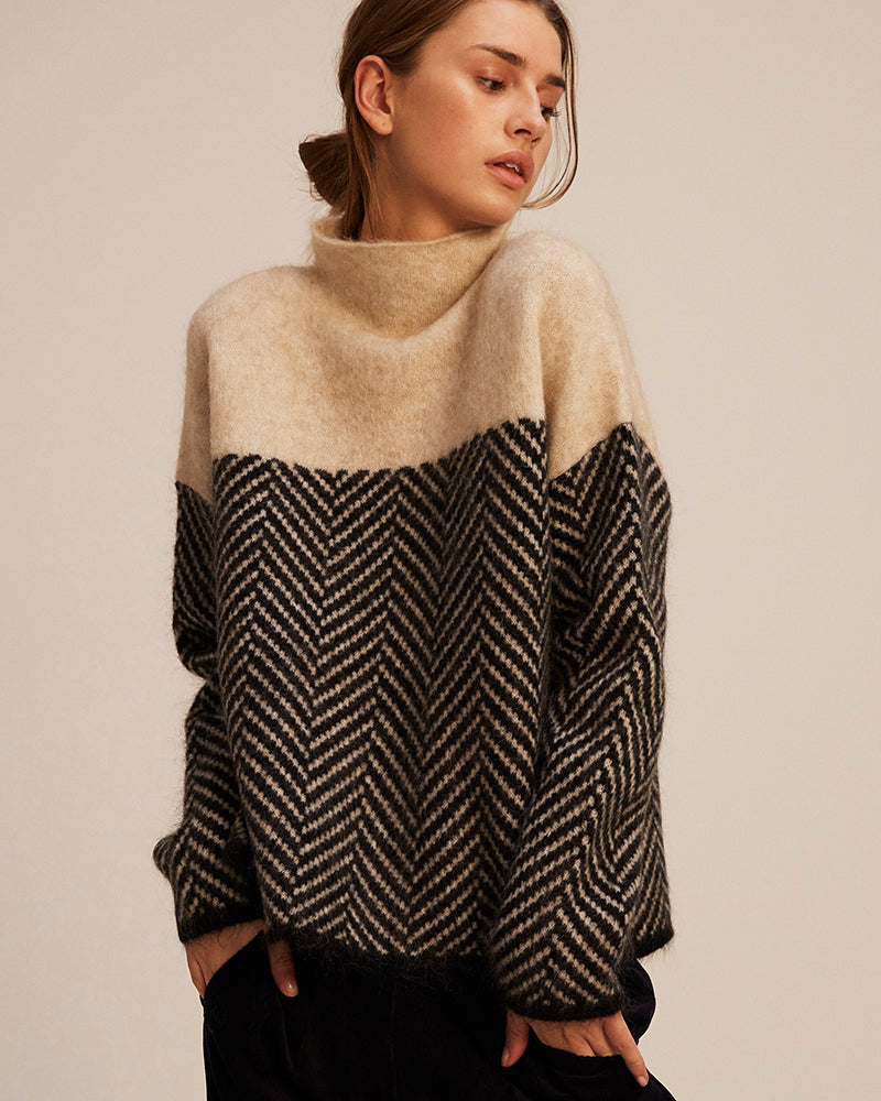 - sweater with high collar and Herringbone pattern